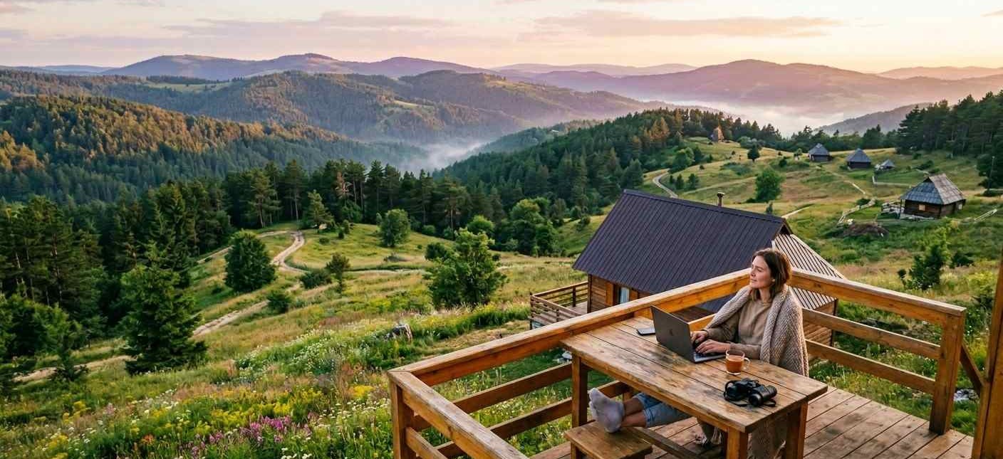 Žena sedi i radi na laptopu za drvenim stolom na terasi brvnare sa pogledom na planinske doline i šume Divčibara u magli tokom izlaska sunca.